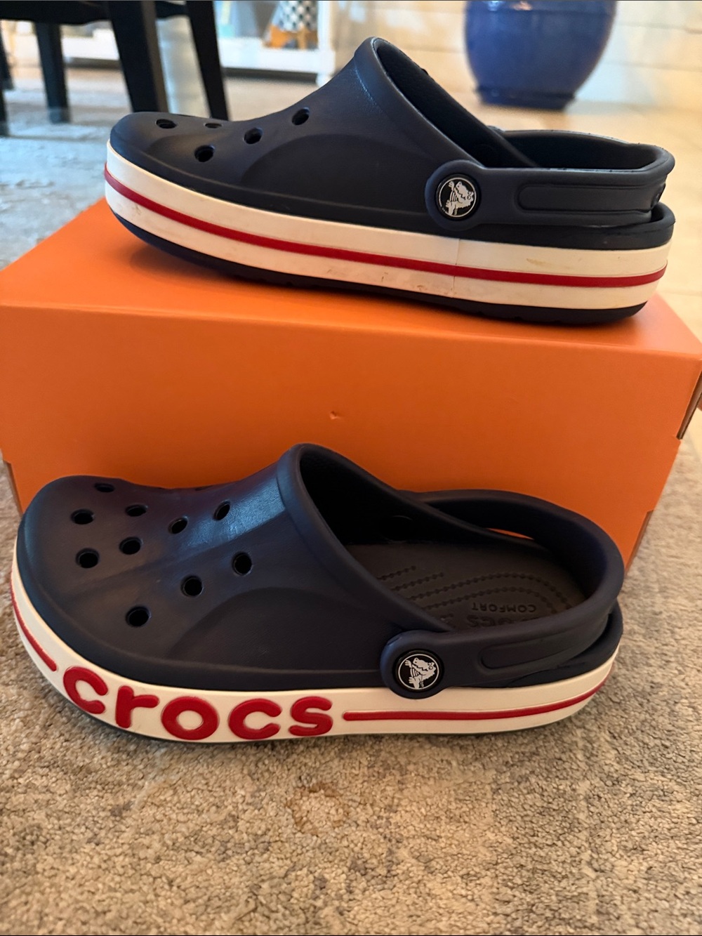 CROCS Kids Navy Blue Clog with Red and White Trim